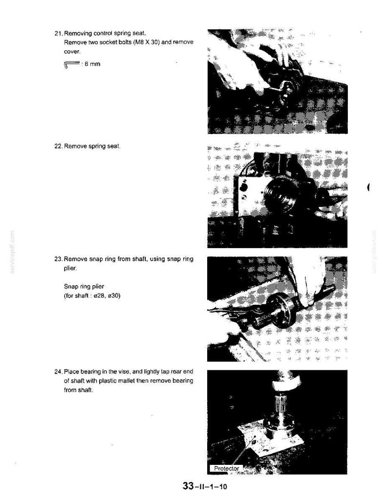 May include: A black and white technical manual page titled 33-II-1-10, featuring four instructional photographs for mechanical disassembly. The text includes steps 21 through 24, detailing the removal of a control spring seat, snap ring, and bearing.