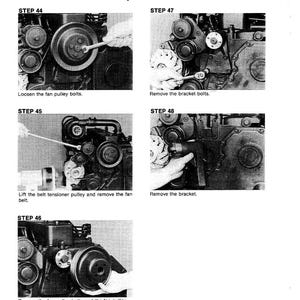 May include: Black and white diagram illustrating fan pulley bracket removal. Step-by-step instructions include loosening bolts, removing the bracket, and removing the fan pulley. Text includes "Fan Pulley Servicing" and "Fan Pulley Bracket Removal."