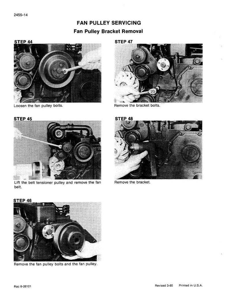 May include: Black and white diagram illustrating fan pulley bracket removal. Step-by-step instructions include loosening bolts, removing the bracket, and removing the fan pulley. Text includes "Fan Pulley Servicing" and "Fan Pulley Bracket Removal."