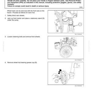Puede incluir: Diagrama del procedimiento de extracci&oacute;n del cubo de la rueda de un tractor. La imagen incluye instrucciones paso a paso con ilustraciones, advertencias de seguridad y el uso de equipos de protecci&oacute;n personal. Medidas en pulgadas.