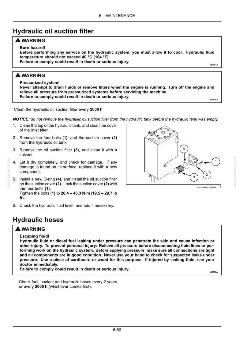 May include: Diagram of a hydraulic oil suction filter with numbered components and instructions. Includes warnings about burn hazards and pressurized systems. Text details maintenance procedures and torque specifications in foot-pounds.