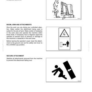 May include: Page from a manual with safety instructions. Includes illustrations of an excavator, a warning sign, and a person falling. Text includes "Safety Instructions", "Loose Ground", and "Secure Attachment".