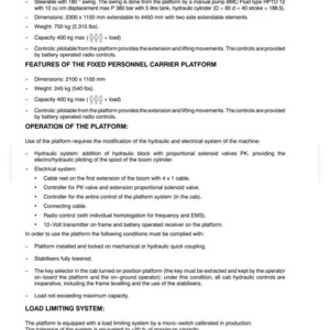 May include: A document titled "CHAPTER 2 - PERSONNEL PLATFORM" with detailed specifications for revolving and fixed personnel carrier platforms. Includes dimensions, weight, capacity, and operational instructions. The text is in black on a white background.