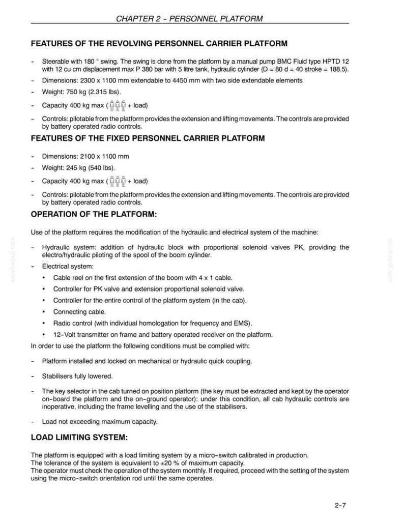 May include: A document titled "CHAPTER 2 - PERSONNEL PLATFORM" with detailed specifications for revolving and fixed personnel carrier platforms. Includes dimensions, weight, capacity, and operational instructions. The text is in black on a white background.
