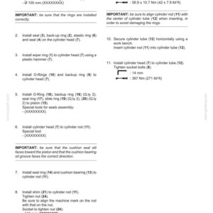 May include: A technical document titled E265B-E305B Front Attachment, detailing the assembly steps for boom cylinders. The text provides numbered instructions for installing bushings, seals, rings, and pistons, including torque specifications in lbf-ft.