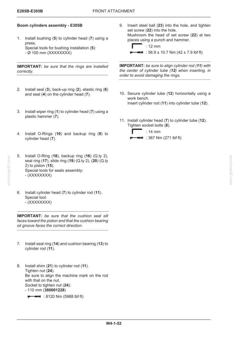 May include: A technical document titled E265B-E305B Front Attachment, detailing the assembly steps for boom cylinders. The text provides numbered instructions for installing bushings, seals, rings, and pistons, including torque specifications in lbf-ft.