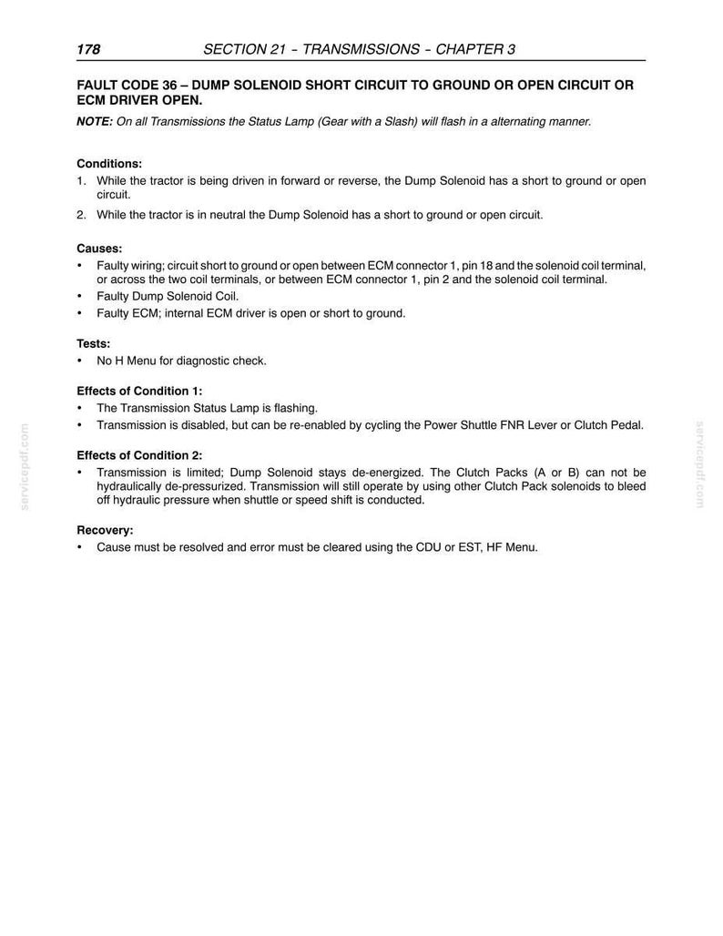 May include: A technical document page titled Section 21 Transmissions Chapter 3, detailing Fault Code 36 regarding a dump solenoid short circuit to ground or open circuit. It lists conditions, causes, tests, effects, and recovery procedures for tractors.