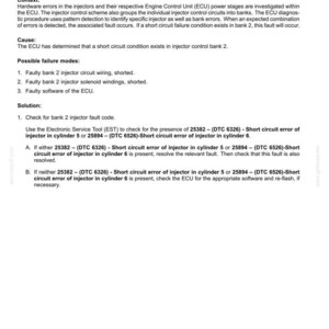 May include: Document detailing fault codes for electrical systems, specifically injection bank 2 short circuit failure. Includes context, causes, possible failure modes, and solutions for troubleshooting. Text includes DTC codes and diagnostic steps.