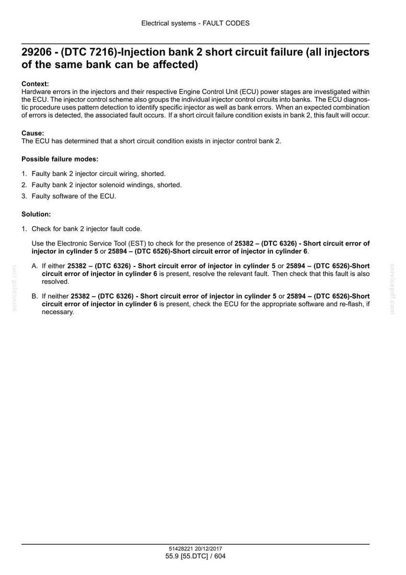 May include: Document detailing fault codes for electrical systems, specifically injection bank 2 short circuit failure. Includes context, causes, possible failure modes, and solutions for troubleshooting. Text includes DTC codes and diagnostic steps.