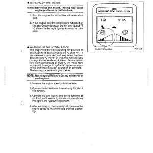 May include: A technical manual page titled WARM-UP RUNNING detailing engine and hydraulic oil warming procedures. It includes a diagram of an ITCS Intelligent Total Control System display showing a clock at 9:05 PM and a coolant temperature gauge.
