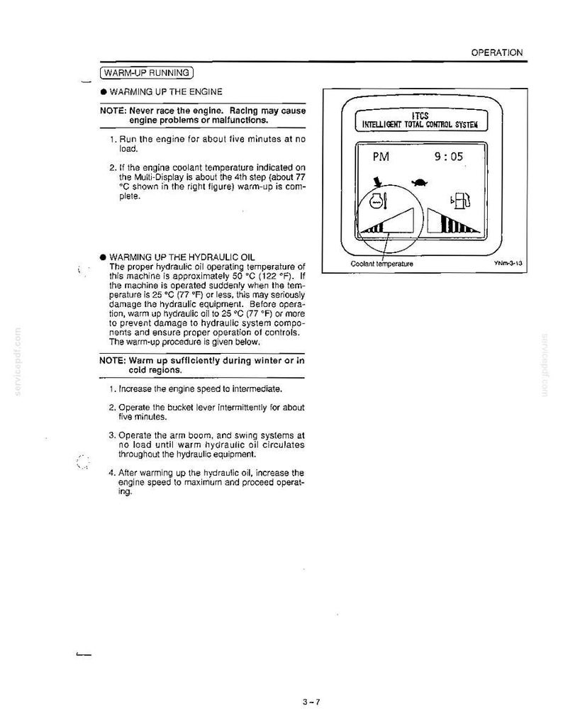 May include: A technical manual page titled WARM-UP RUNNING detailing engine and hydraulic oil warming procedures. It includes a diagram of an ITCS Intelligent Total Control System display showing a clock at 9:05 PM and a coolant temperature gauge.