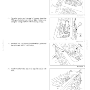 May include: Diagram of power shuttle transmission internal components. The image shows detailed illustrations of parts, including a lubrication pipe, spring, lever, and lock rod, with numbered labels for each component.
