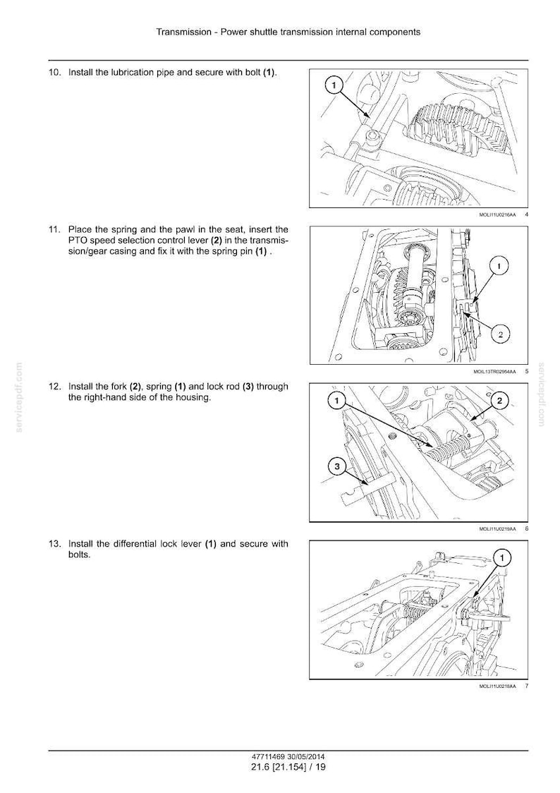 May include: Diagram of power shuttle transmission internal components. The image shows detailed illustrations of parts, including a lubrication pipe, spring, lever, and lock rod, with numbered labels for each component.