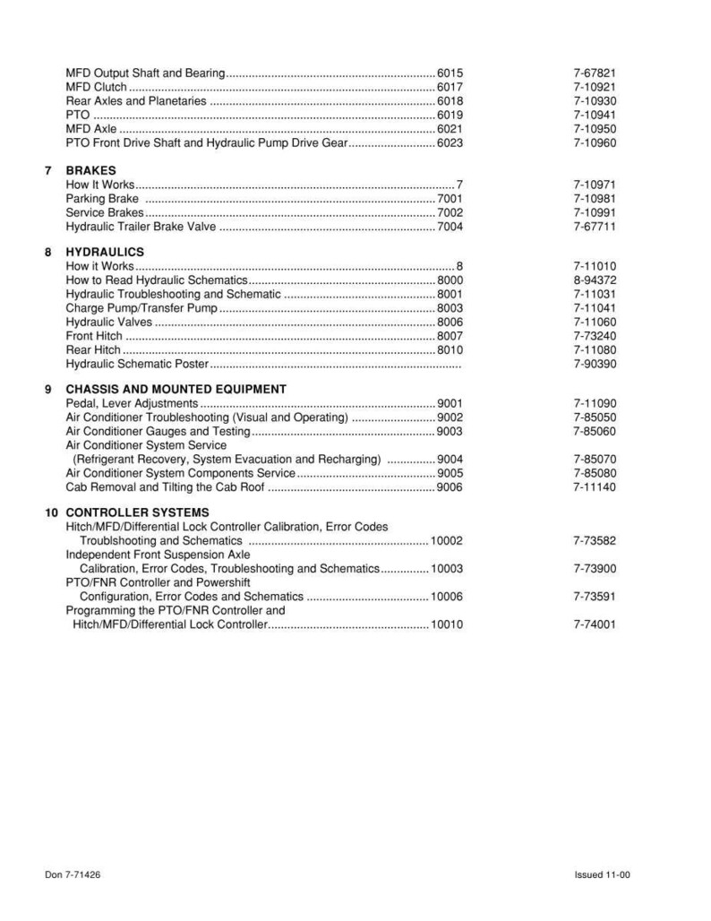 Puede incluir: P&aacute;gina de manual t&eacute;cnico con una lista de componentes mec&aacute;nicos y sus n&uacute;meros de pieza. Secciones: frenos, hidr&aacute;ulica, chasis y sistemas de control. El documento est&aacute; fechado en 11-00.