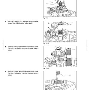 May include: Diagrams from a manual detailing transmission disassembly. The illustrations show the removal of gears, bearings, and other components using tools like bearing pullers. Text includes instructions and figure numbers.