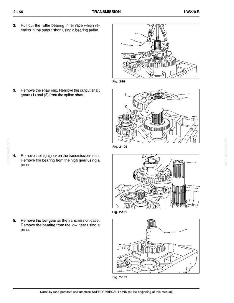 May include: Diagrams from a manual detailing transmission disassembly. The illustrations show the removal of gears, bearings, and other components using tools like bearing pullers. Text includes instructions and figure numbers.