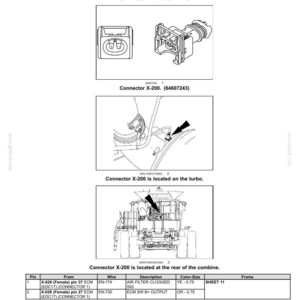May include: Diagram of wire connectors, component diagram 20, including X-200 to X-209. The image shows the X-200 air filter clogged switch and its location on the turbo and rear of the combine. Includes a table with pin, wire, and color-size information.