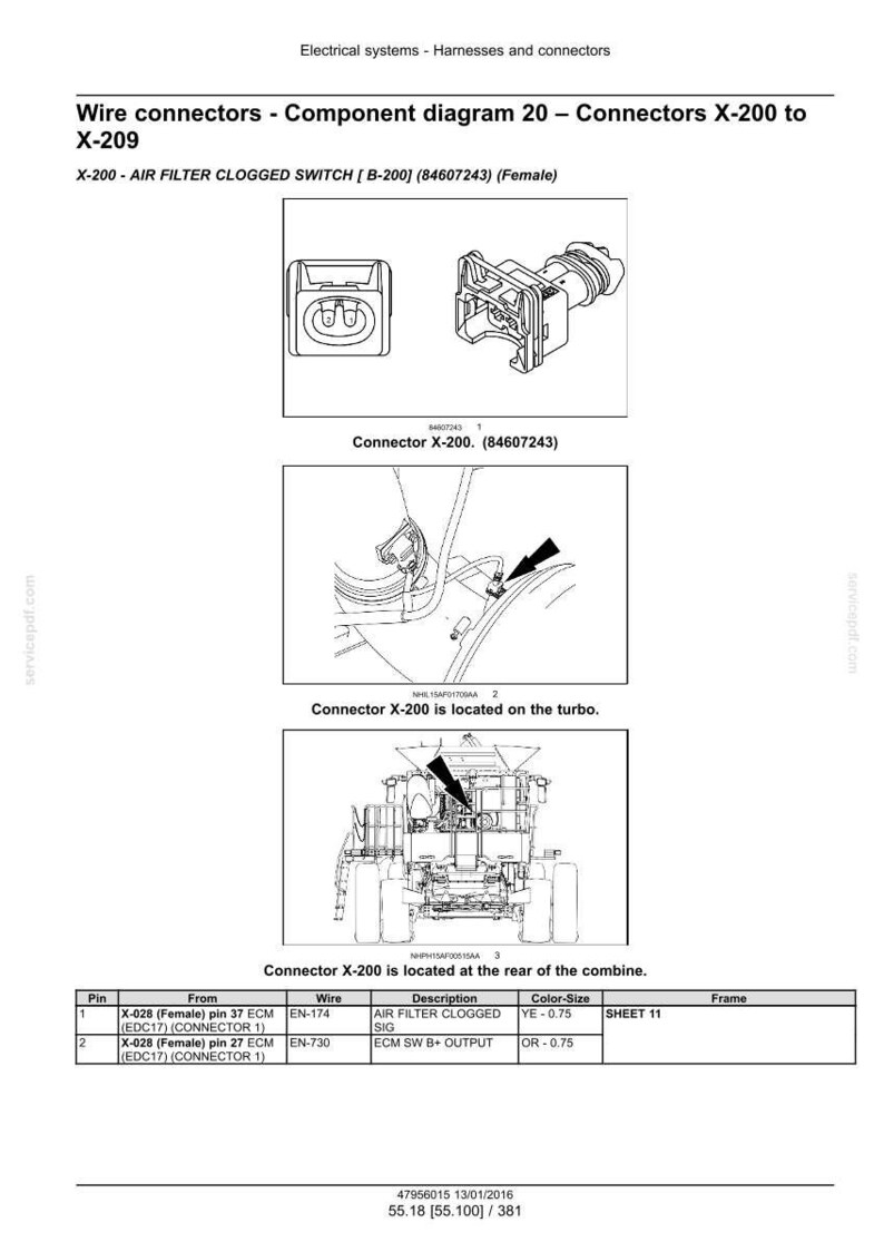 May include: Diagram of wire connectors, component diagram 20, including X-200 to X-209. The image shows the X-200 air filter clogged switch and its location on the turbo and rear of the combine. Includes a table with pin, wire, and color-size information.