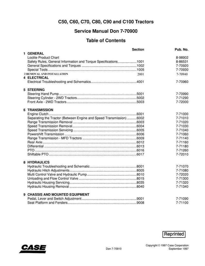 May include: A service manual for C50, C60, C70, C80, C90, and C100 tractors. The table of contents lists sections on general information, electrical, steering, transmission, hydraulics, and chassis equipment. The Case logo is at the bottom.