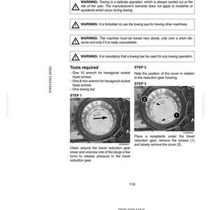 May include: Page from an operating manual with instructions for towing a machine. The page includes warnings, required tools, and step-by-step diagrams for the process. Text includes "Towing the Machine" and "Operating Instructions."