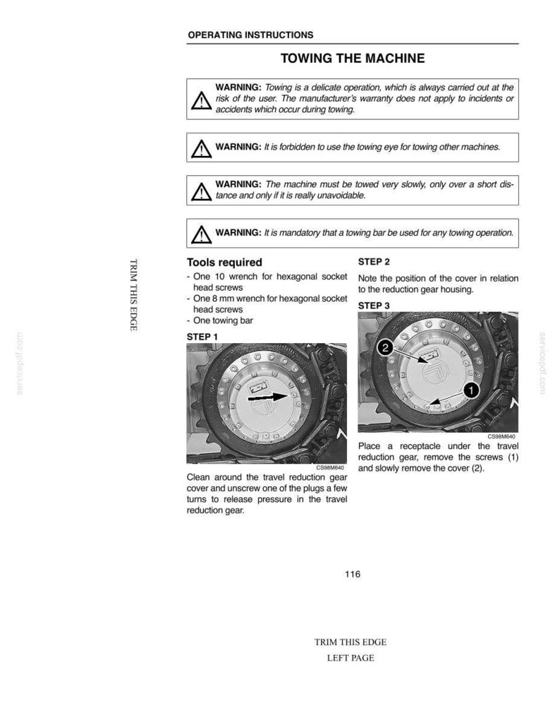 May include: Page from an operating manual with instructions for towing a machine. The page includes warnings, required tools, and step-by-step diagrams for the process. Text includes "Towing the Machine" and "Operating Instructions."