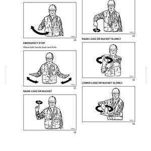 Puede incluir: Diagramas que ilustran las se&ntilde;ales manuales para el funcionamiento de equipos de construcci&oacute;n. Las im&aacute;genes muestran a un trabajador con casco de seguridad que demuestra las se&ntilde;ales de "Parar", "Parada de emergencia", "Bajar la carga o el cuchar&oacute;n" y "Subir la carga o el cuchar&oacute;n".