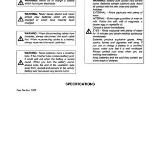 May include: A white document titled "SAFETY INSTRUCTIONS" with multiple warning statements. The warnings address battery charging, sparks, disconnecting cables, and battery acid hazards. The document also includes first aid instructions and safety precautions.