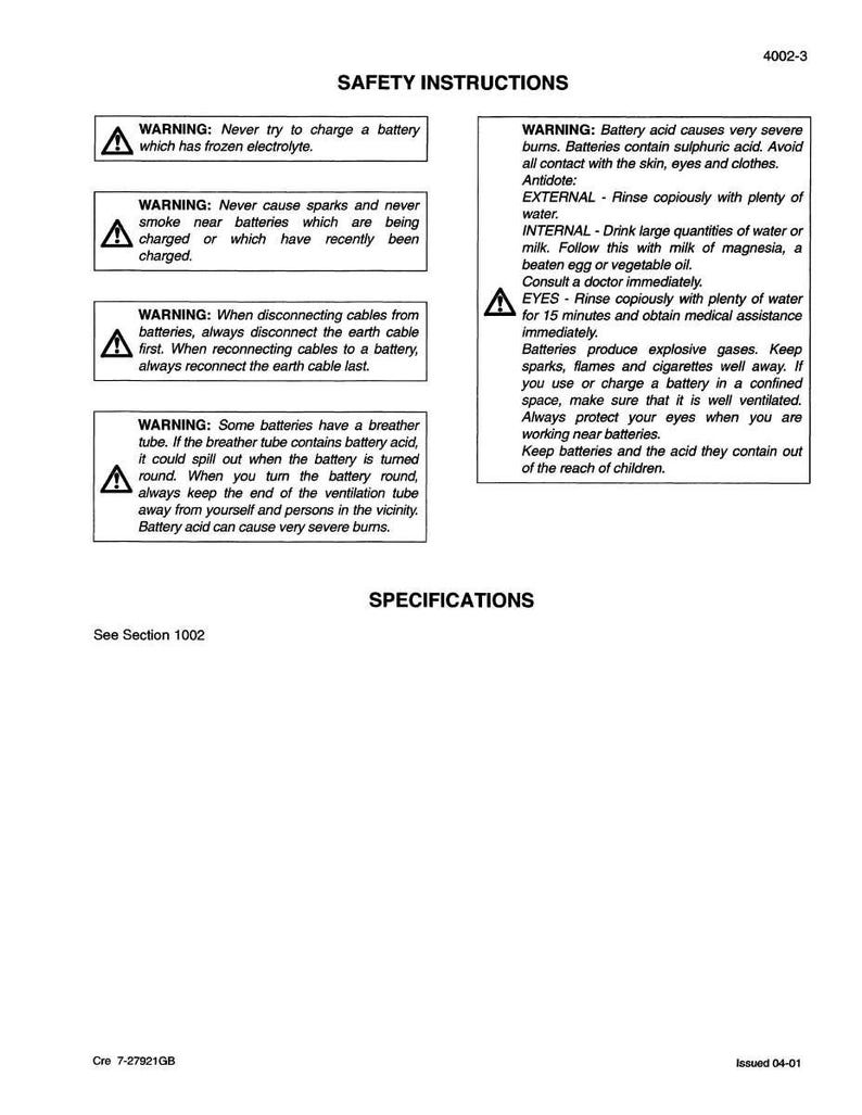 May include: A white document titled "SAFETY INSTRUCTIONS" with multiple warning statements. The warnings address battery charging, sparks, disconnecting cables, and battery acid hazards. The document also includes first aid instructions and safety precautions.