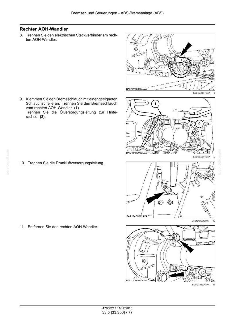 May include: A technical manual page titled Bremsen und Steuerungen - ABS-Bremsanlage (ABS) featuring four black and white line drawings illustrating the removal process of a right AOH-Wandler, including numbered steps and arrows indicating specific components.