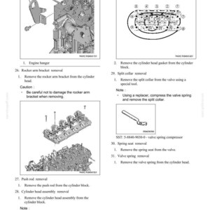 May include: Diagram of mechanical components, including an engine hanger, rocker arm bracket, and cylinder head assembly. Instructions detail removal steps with cautions and notes. Includes a valve spring compressor.