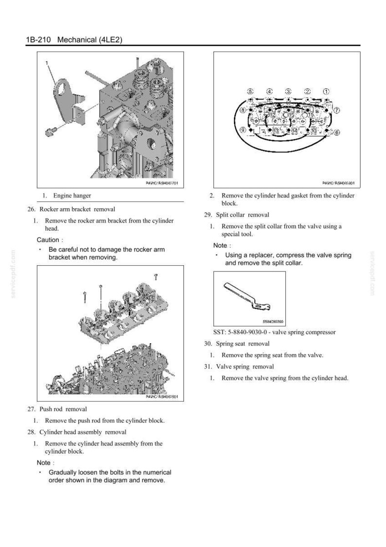 May include: Diagram of mechanical components, including an engine hanger, rocker arm bracket, and cylinder head assembly. Instructions detail removal steps with cautions and notes. Includes a valve spring compressor.