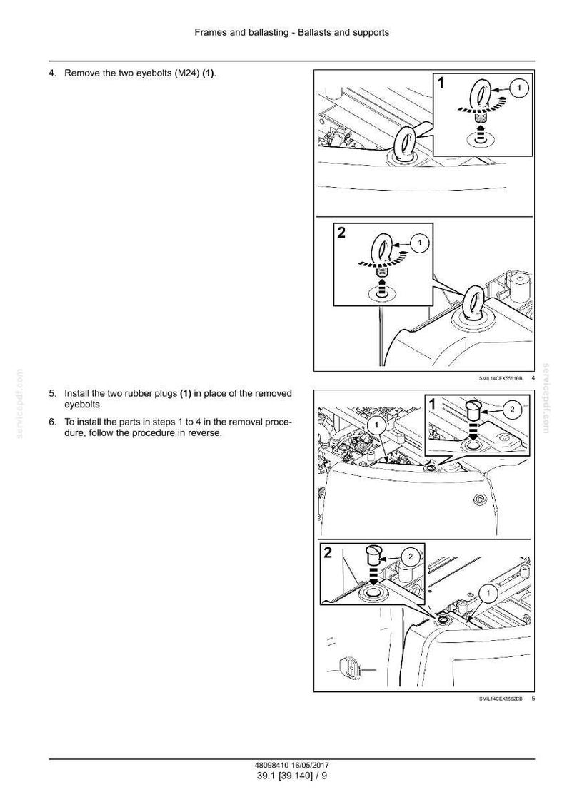 May include: Diagram illustrating the procedure for removing and installing components, such as eyebolts and rubber plugs. The image features numbered diagrams and textual instructions. The text includes the phrase "Frames and ballasting - Ballasts and supports".