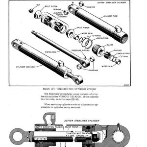 May include: An exploded diagram of a typical cylinder assembly, including a cylinder tube, piston rod, and various components like bushings, seals, and rings. The image is a technical illustration with labels and measurements.