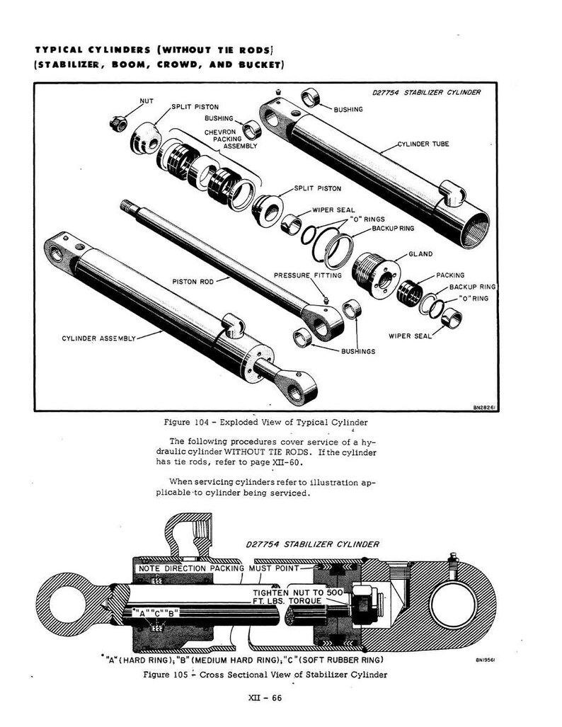 May include: An exploded diagram of a typical cylinder assembly, including a cylinder tube, piston rod, and various components like bushings, seals, and rings. The image is a technical illustration with labels and measurements.