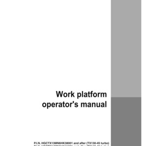 May include: A white manual titled "Work platform operator's manual" with black text. The manual includes part identification numbers and the CASE logo in the bottom right corner. The background is white with a gray vertical stripe.