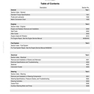 May include: A white document titled "W130C Wheel Loader Repair Manual" with a table of contents. The table lists sections like "Engines," "Fuel System," and "Electrical," with corresponding section numbers.