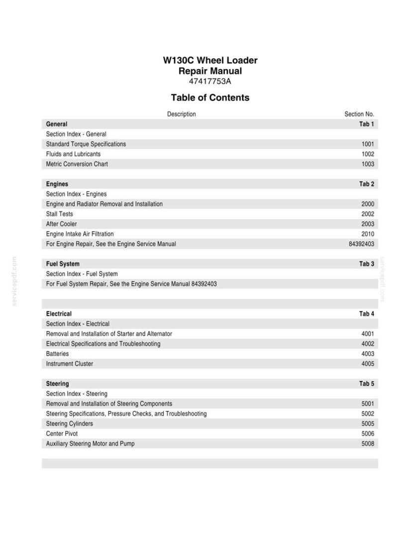May include: A white document titled "W130C Wheel Loader Repair Manual" with a table of contents. The table lists sections like "Engines," "Fuel System," and "Electrical," with corresponding section numbers.