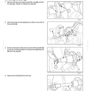 May include: Diagram of a non-powered front axle system with instructions for axle wheel hub maintenance. The steps include removing the tire, undoing the locknut, screwing a bolt and nut, and removing the shaft. Text includes "Re-Packing the Bearings".