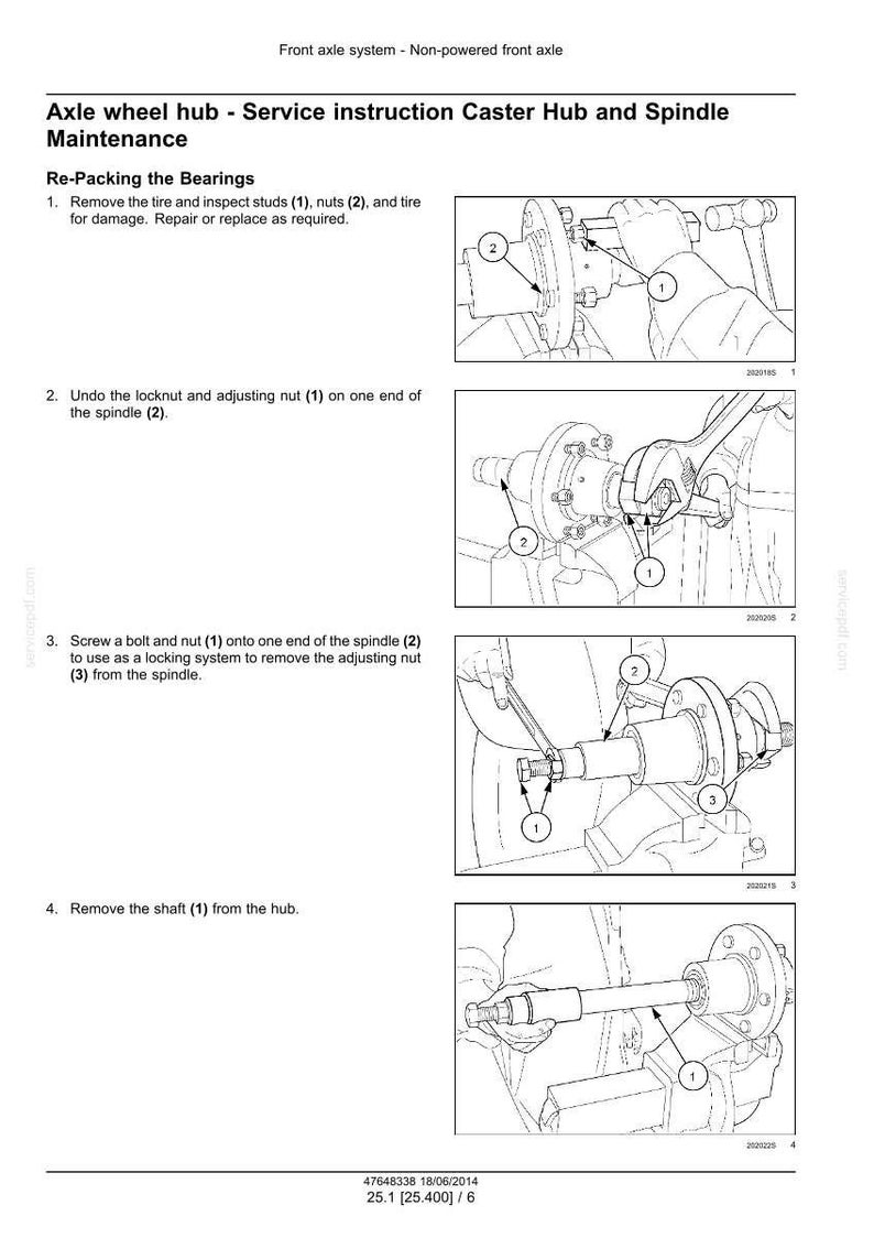 May include: Diagram of a non-powered front axle system with instructions for axle wheel hub maintenance. The steps include removing the tire, undoing the locknut, screwing a bolt and nut, and removing the shaft. Text includes "Re-Packing the Bearings".
