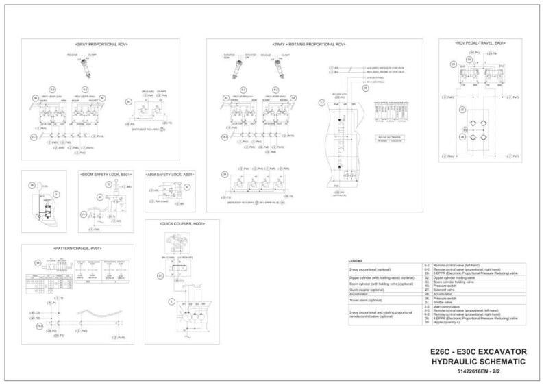 May include: A schematic diagram of an E26C - E30C excavator hydraulic system. The diagram is in black and white and includes various components such as valves, cylinders, and a legend. The text "HYDRAULIC SCHEMATIC" is visible.