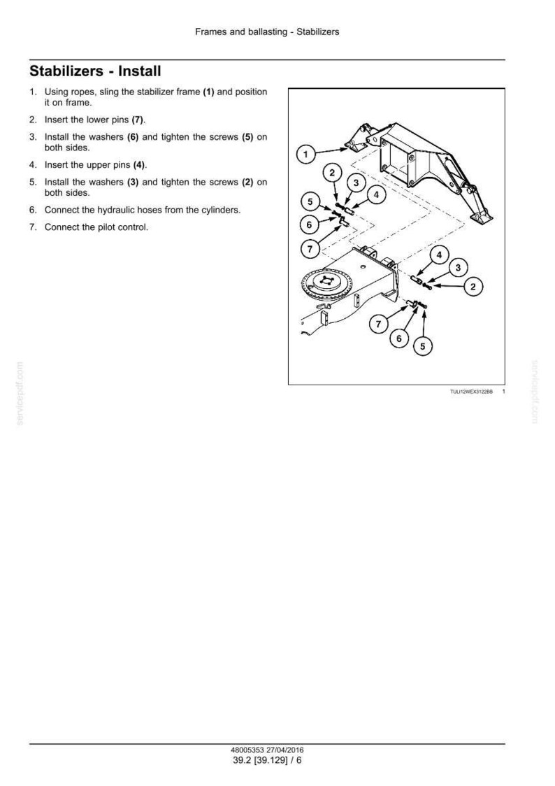 May include: Diagram illustrating the installation of stabilizers, with numbered components and instructions. Includes a stabilizer frame, pins, washers, and screws. Text at the top reads "Frames and ballasting - Stabilizers" and "Stabilizers - Install".