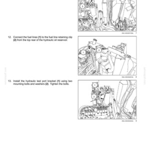 May include: Diagram of hydraulic system components, including a reservoir, cooler, and filters. The image shows detailed illustrations of how to install mounting bolts, connect fuel lines, and install a test port bracket. The text provides instructions.