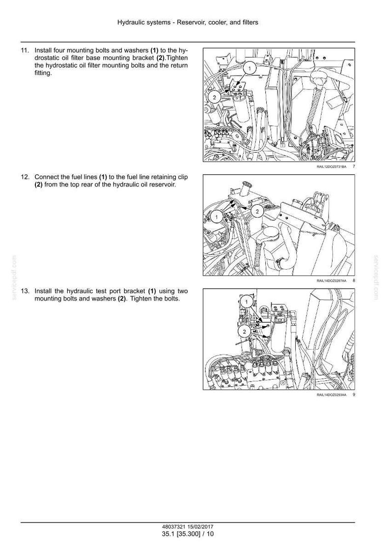 May include: Diagram of hydraulic system components, including a reservoir, cooler, and filters. The image shows detailed illustrations of how to install mounting bolts, connect fuel lines, and install a test port bracket. The text provides instructions.