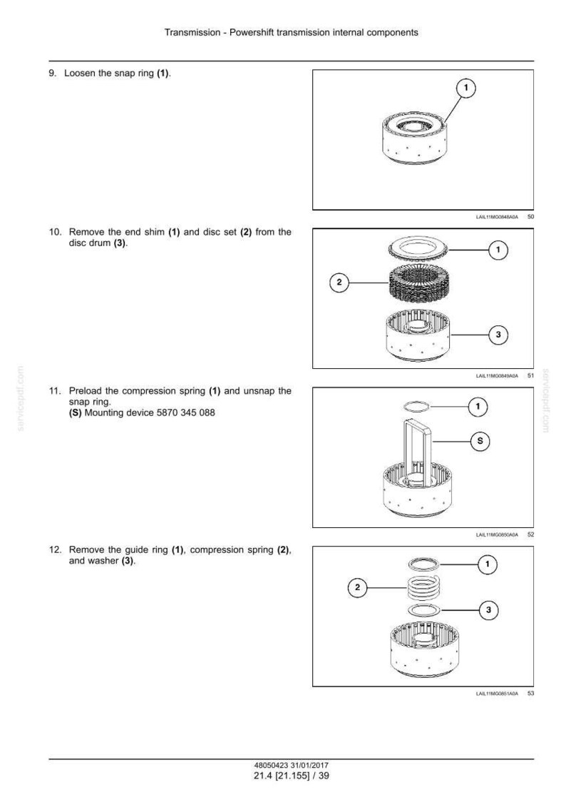 May include: Diagram of transmission components, including a snap ring, end shim, disc set, disc drum, compression spring, guide ring, and washer. The image includes labels and part numbers for each component.