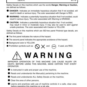 May include: A white document with safety information, including the words "Danger," "Warning," and "Caution." The document features a warning symbol and instructions for machine operation, emphasizing safety and injury prevention. It also includes the Case Corporation copyright.