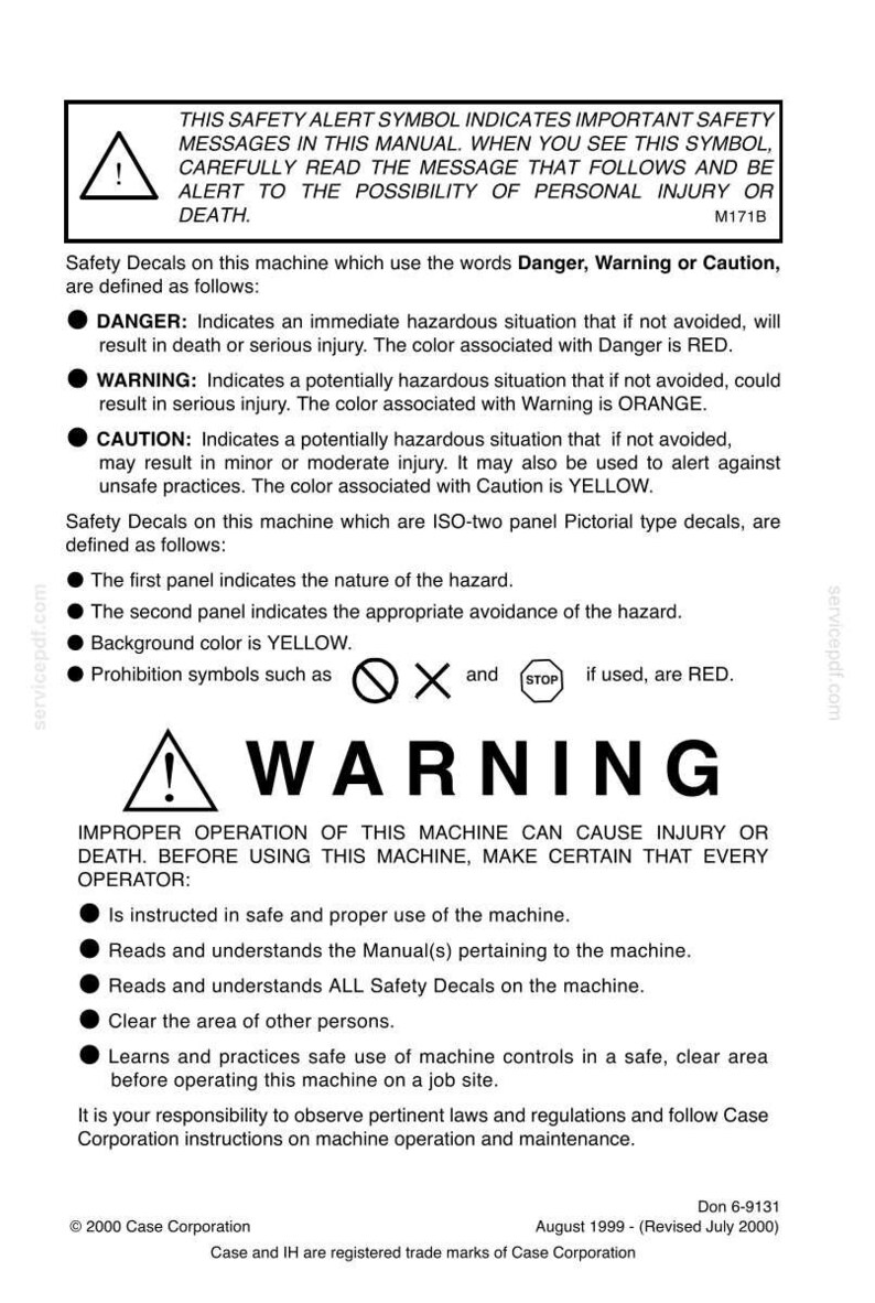 May include: A white document with safety information, including the words "Danger," "Warning," and "Caution." The document features a warning symbol and instructions for machine operation, emphasizing safety and injury prevention. It also includes the Case Corporation copyright.