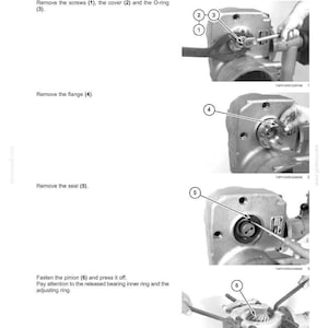 May include: Diagram of a transmission output shaft disassembly process. The image shows numbered steps with arrows pointing to specific parts, including screws, a cover, an O-ring, a flange, a seal, and a pinion. Text instructions accompany each step.