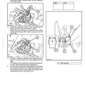 May include: Diagram illustrating drain volume measurement procedures for a swing motor. Includes numbered steps, diagrams of hoses, containers, and a person, with text instructions and a 60-second timer.
