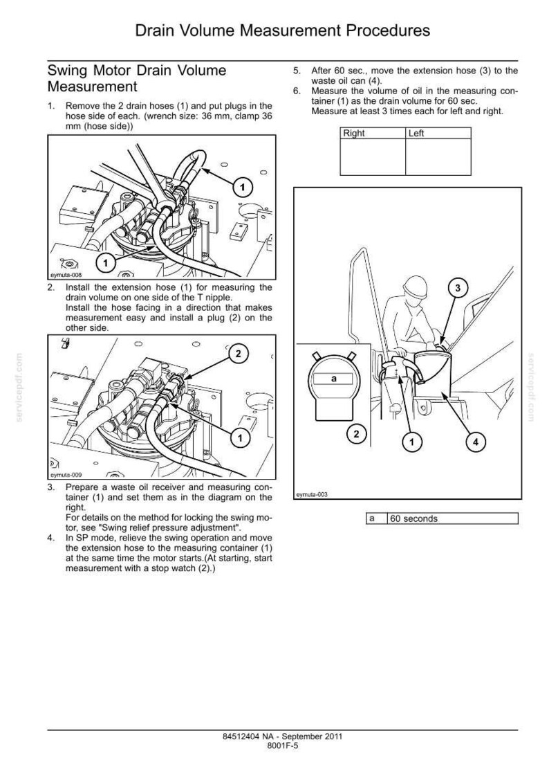 May include: Diagram illustrating drain volume measurement procedures for a swing motor. Includes numbered steps, diagrams of hoses, containers, and a person, with text instructions and a 60-second timer.