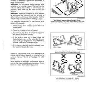 Może przedstawiać: Strona z instrukcji technicznej zatytułowana CHAPTER 4 - OPERATING INSTRUCTIONS, zawierająca ostrzeżenia dotyczące bezpieczeństwa podczas obsługi koparki na zboczu. Zawiera schematy dotyczące ustawienia łyżki oraz zakazanych manewr&oacute;w.